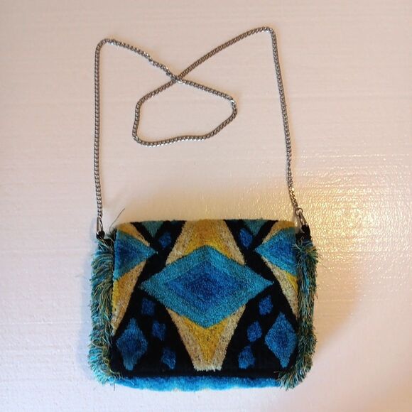 Vintage Retro Mod Topshot Purse Metal Chain Strap Carpet Fringe Small Geometric - Picture 2 of 16